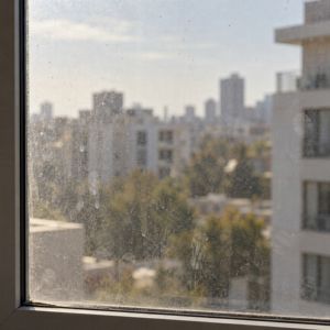 Tozlu ve su lekeli pencere camı, temizlik öncesi