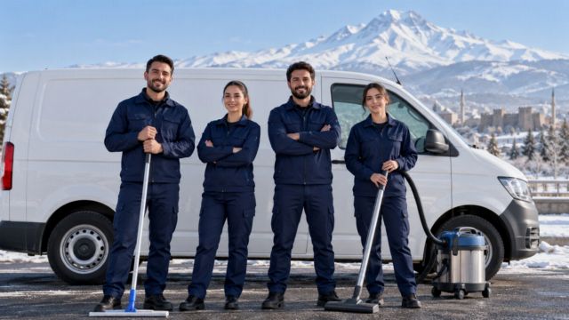 Lacivert üniformalı temizlik ekibi