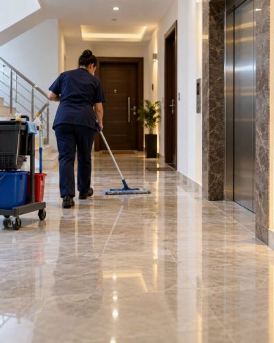 Apartman koridorunda zemini paspaslayan görevli