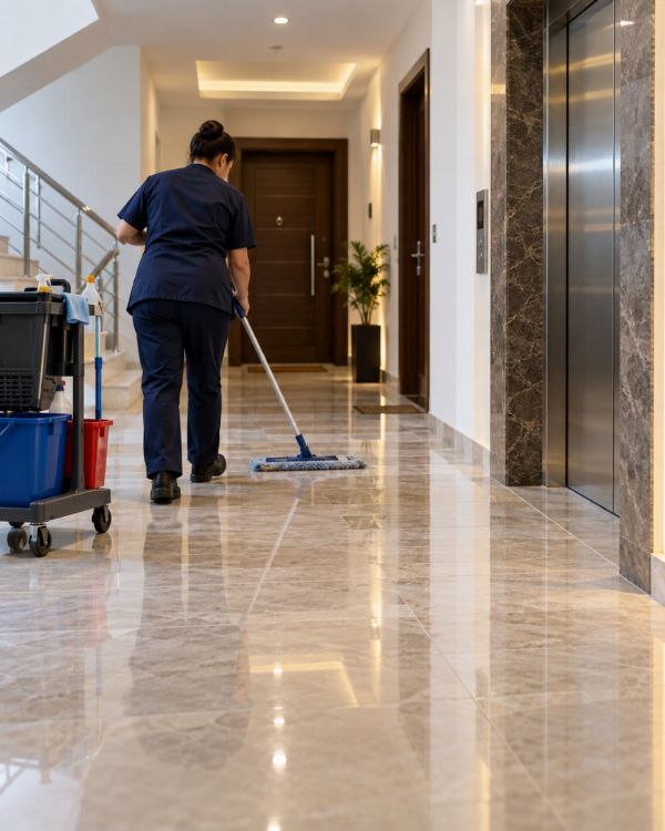 Apartman koridorunda zemini paspaslayan görevli